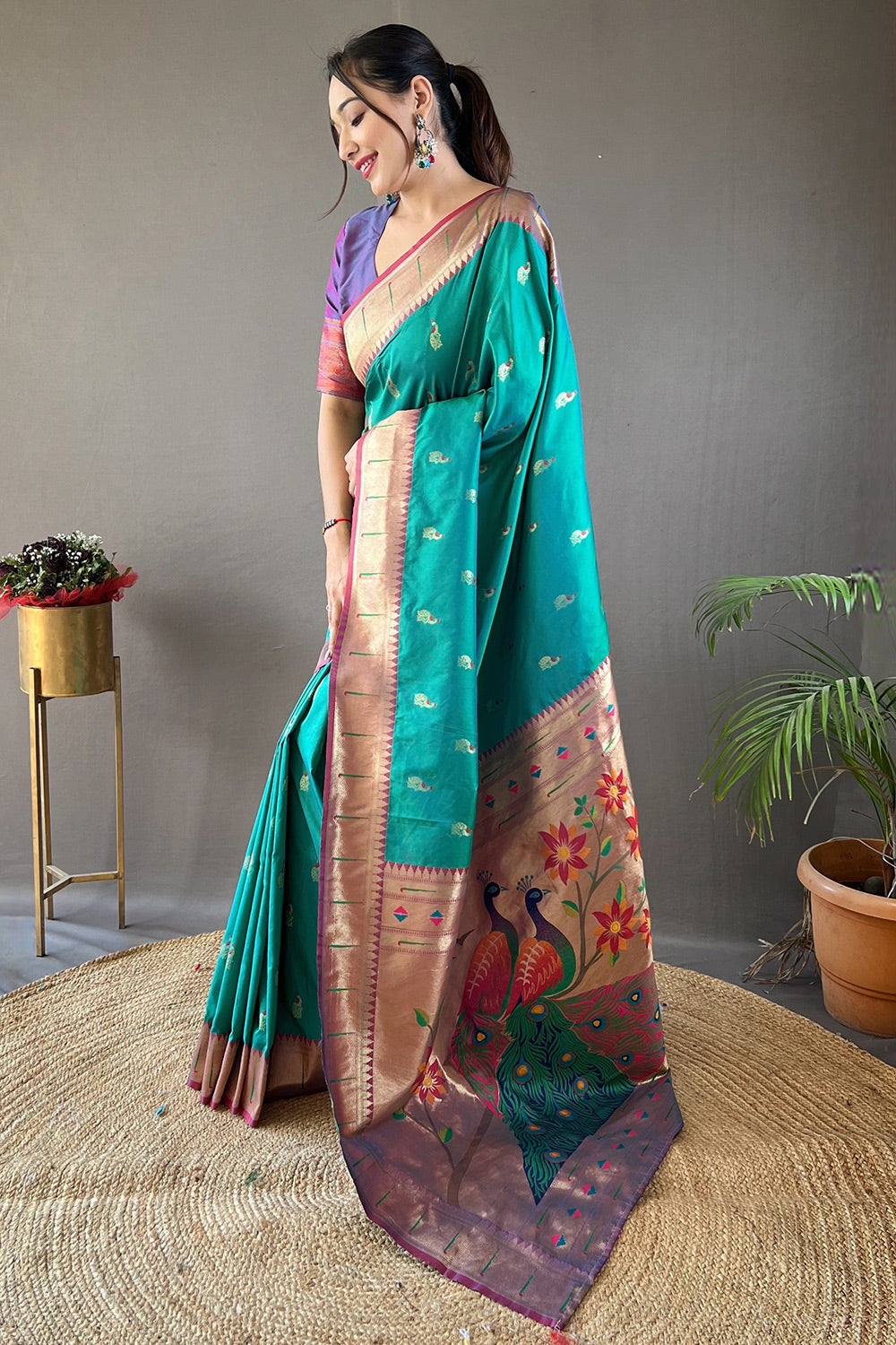 Classic Cyan Blue Paithani Silk Zari Weaving Saree
