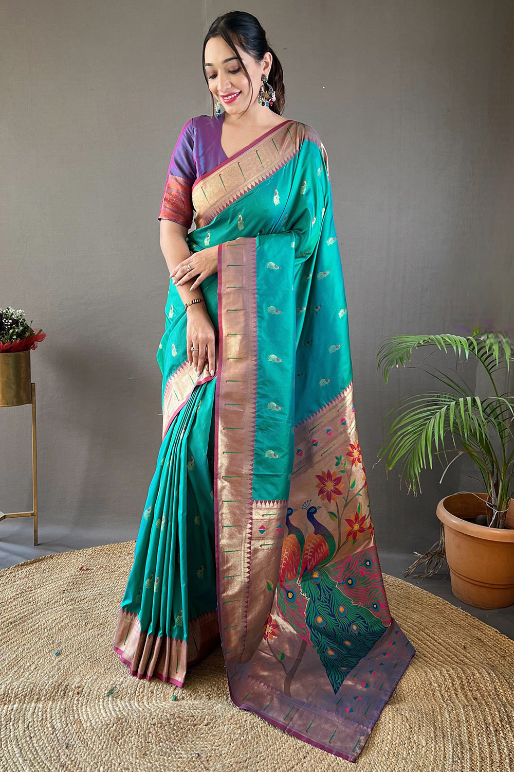 Classic Cyan Blue Paithani Silk Zari Weaving Saree