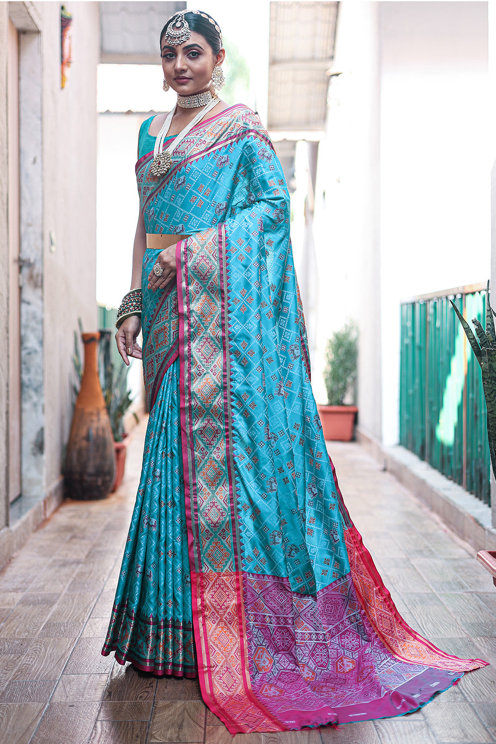 Cyan Blue Patola Silk Saree With Weaving Work