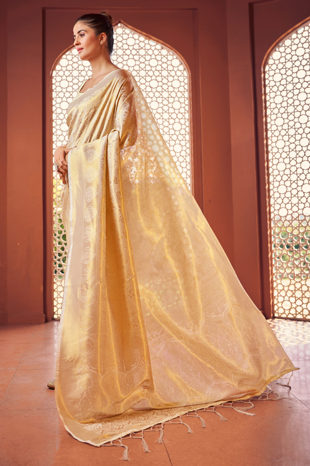 Cream Woven Kanjivaram Wedding Saree With Blouse