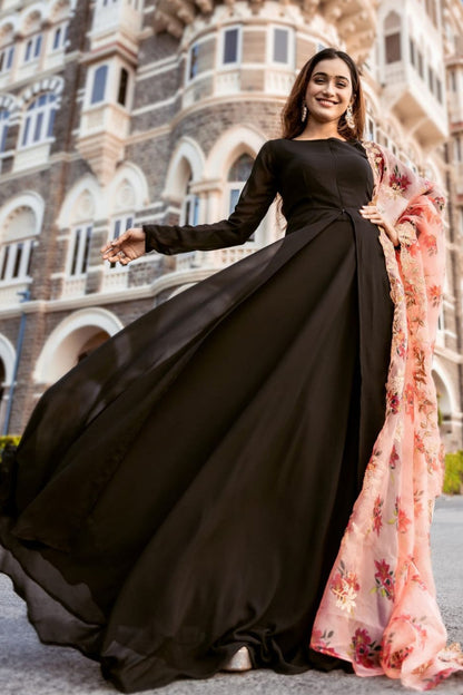 Black Faux Blooming Gown With Organza Dupatta