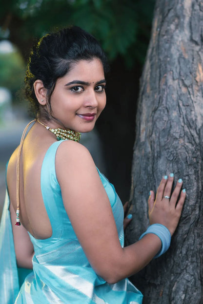 Sky Blue Banarasi Silk Saree With Zari Weaving Work
