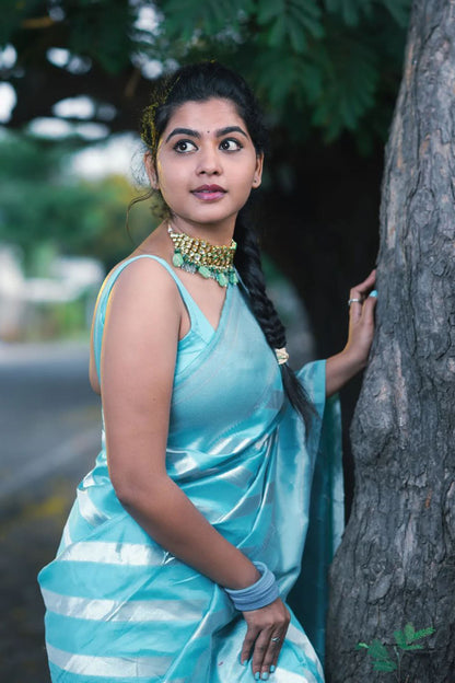 Sky Blue Banarasi Silk Saree With Zari Weaving Work
