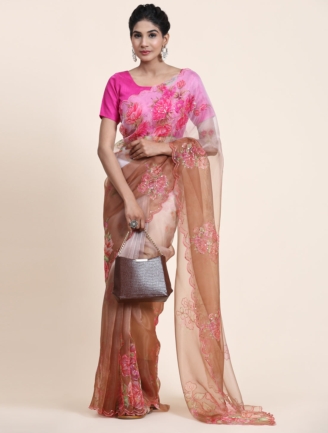 Pink &amp; Brown Organza Digital Print With Sequence Arco Border Saree