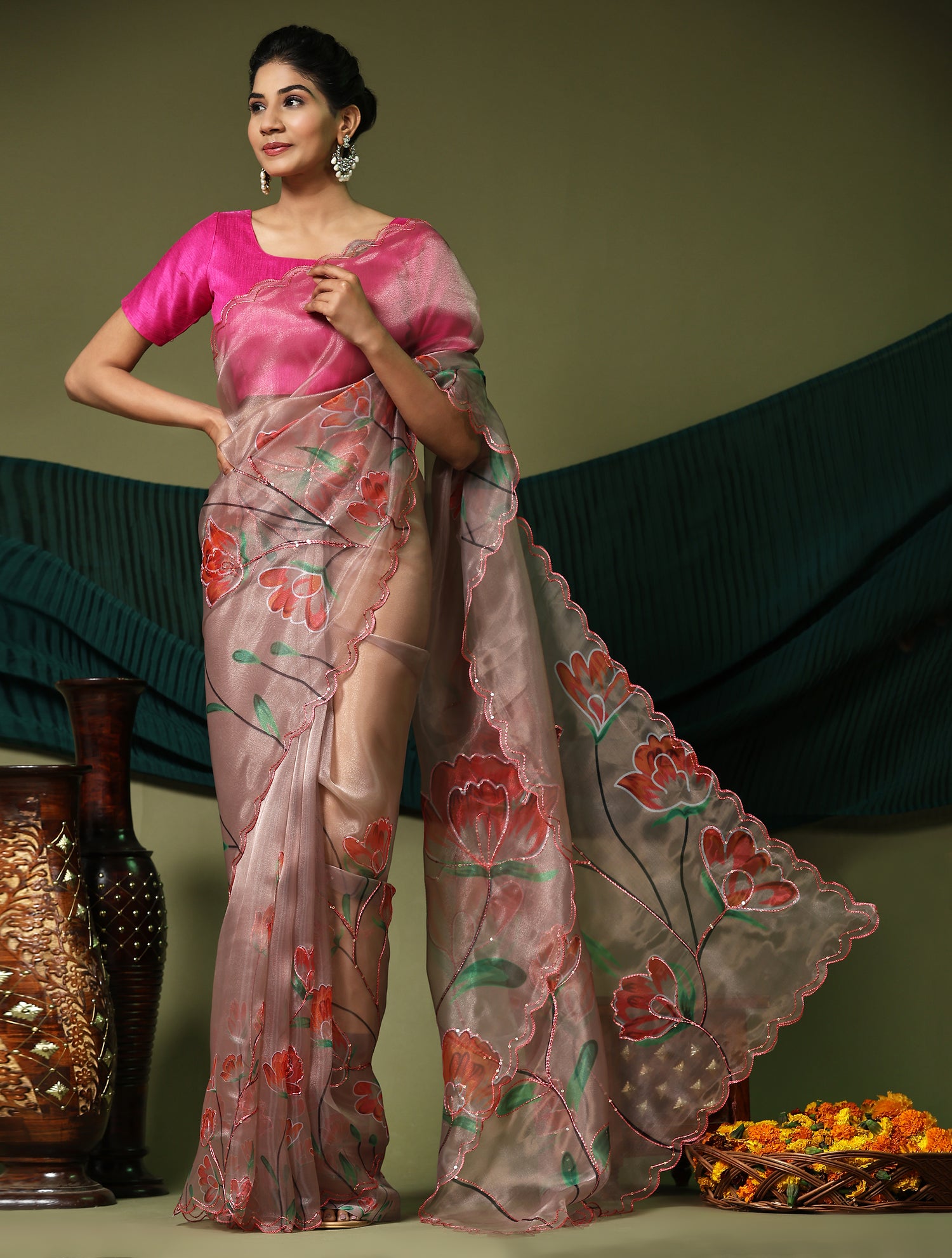 Onion Colour Digital Print With Sequence Arco Border Saree With Blouse