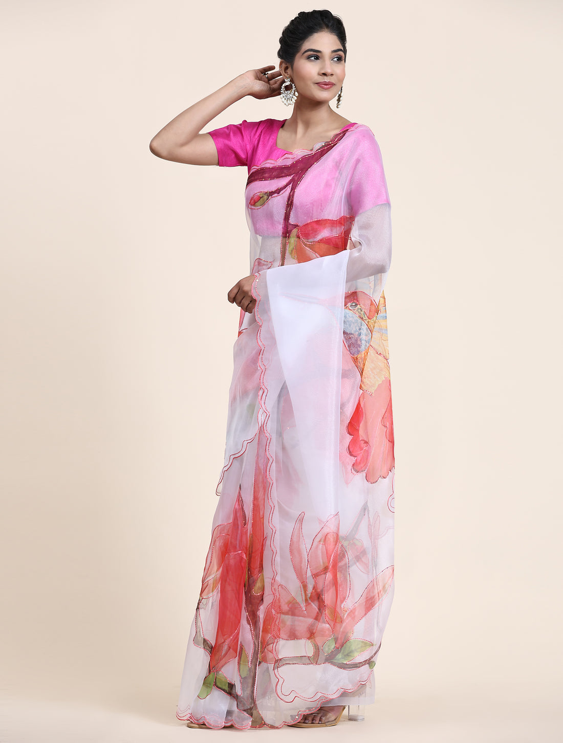Beautiful White Organza Floral Printed Saree With Pink Blouse