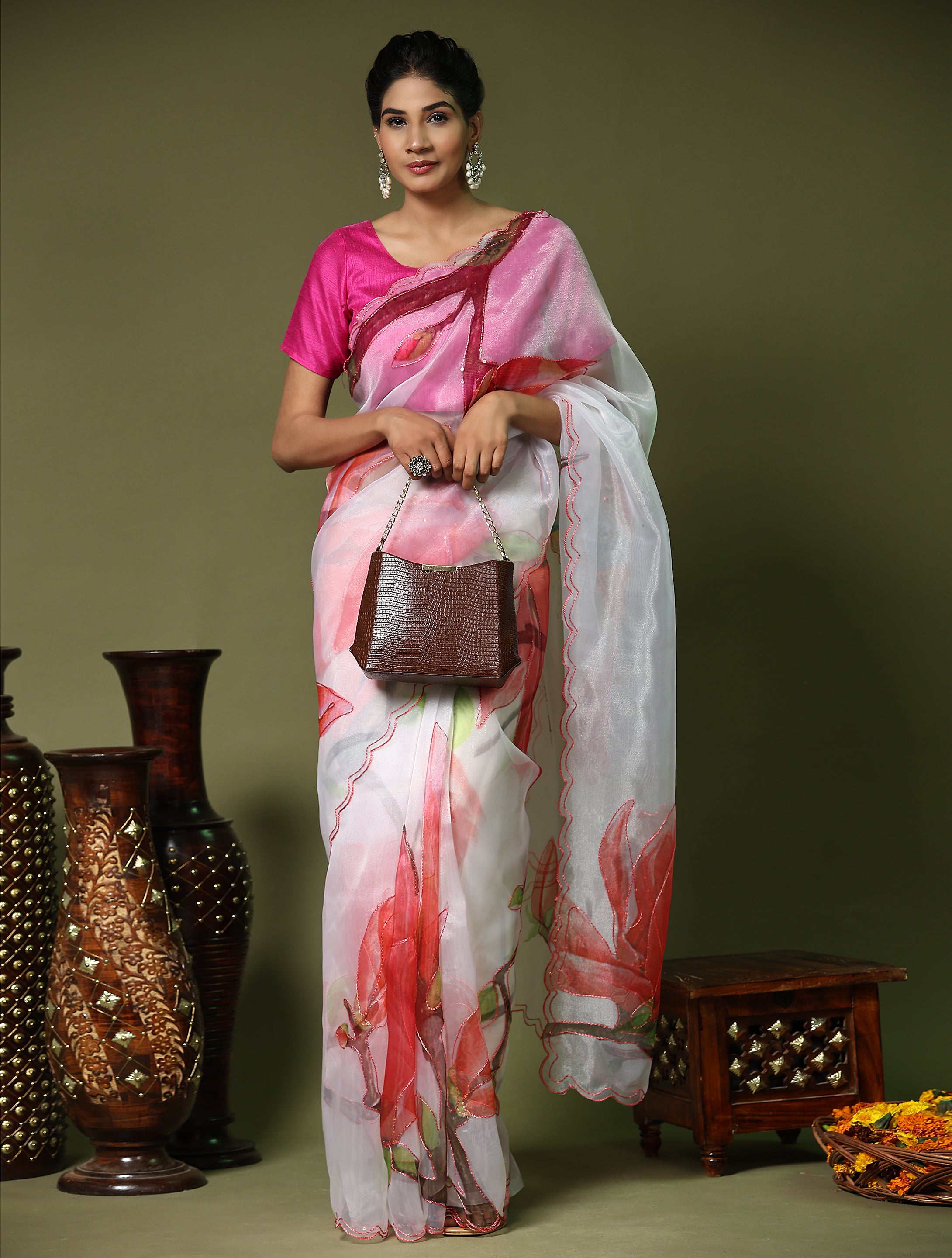 Beautiful White Organza Floral Printed Saree With Pink Blouse