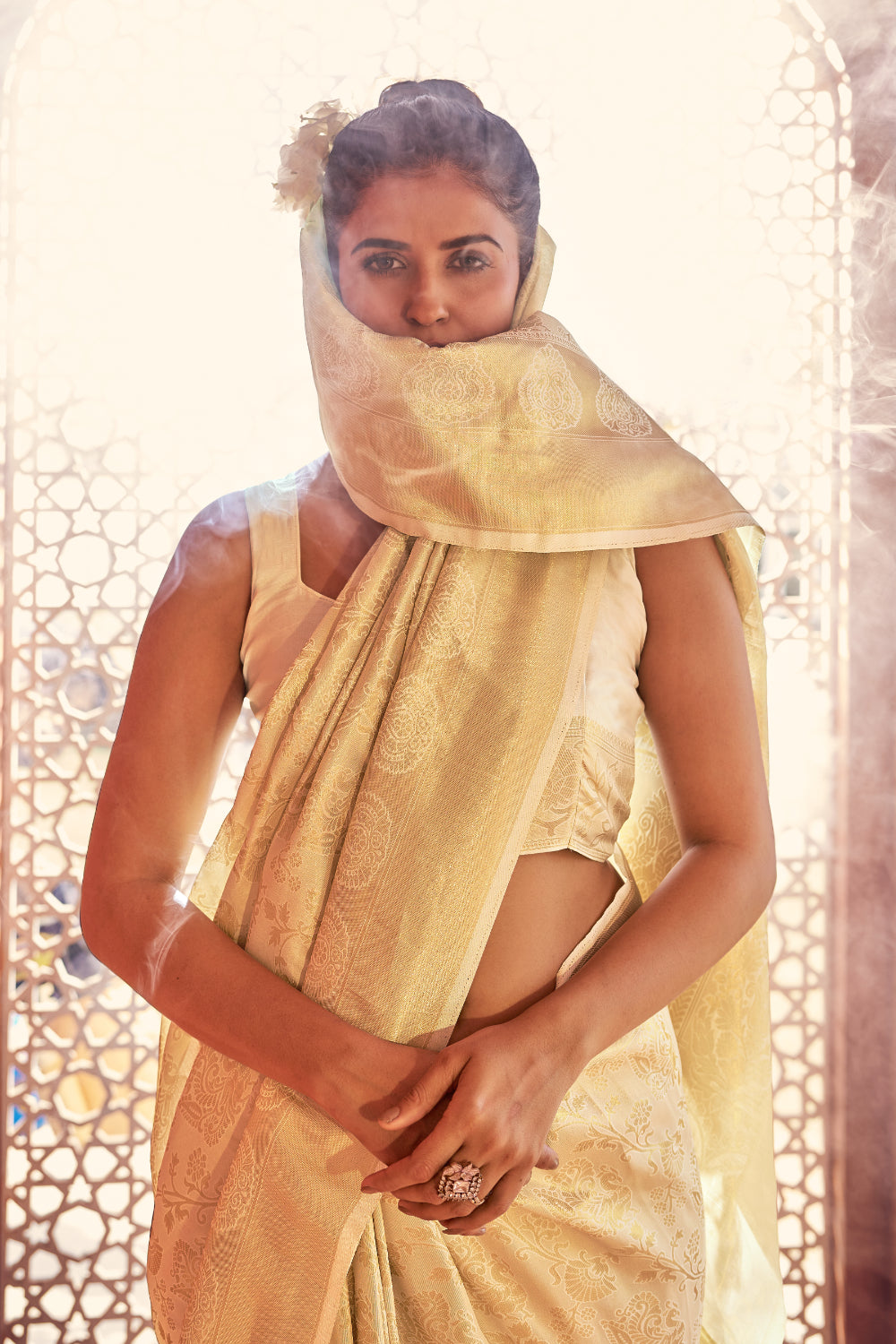 Cream Woven Kanjivaram Wedding Saree With Blouse