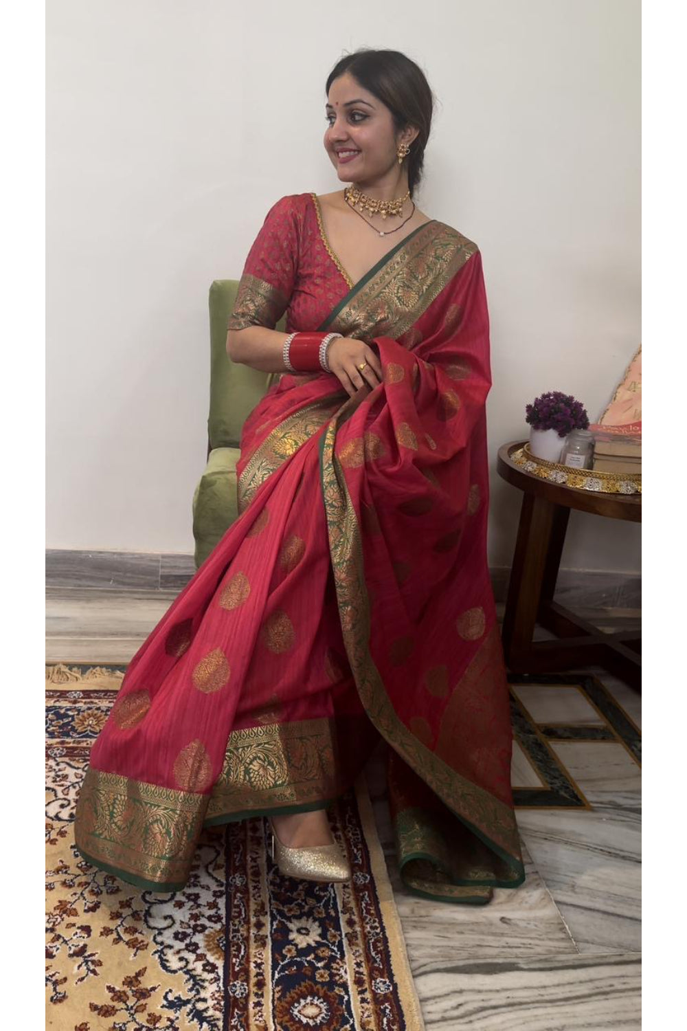 Dark Pink Tessar Kanjivaram Silk Weaving Saree