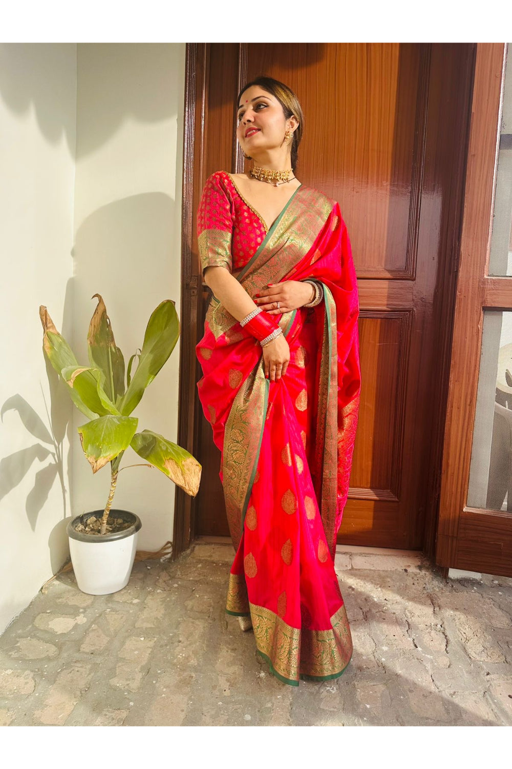Dark Pink Tessar Kanjivaram Silk Weaving Saree