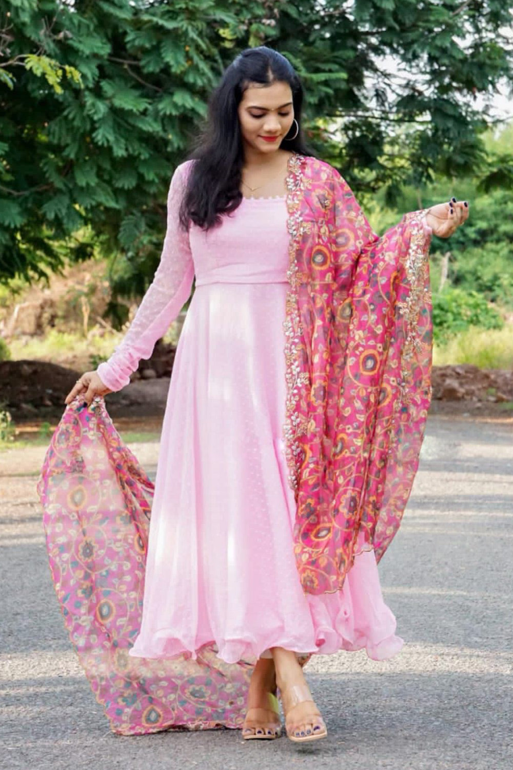 Beautiful Pink Georgette Butti Gown With Dupatta