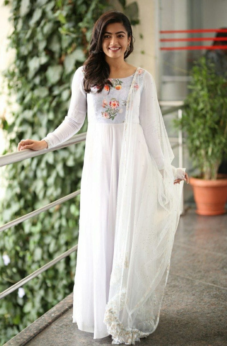 White Georgette Gown With Satin &amp; Digital Print Lace Border Dupatta