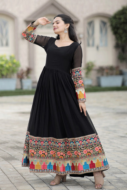 Black Faux Blooming Embroidered Work  Gown