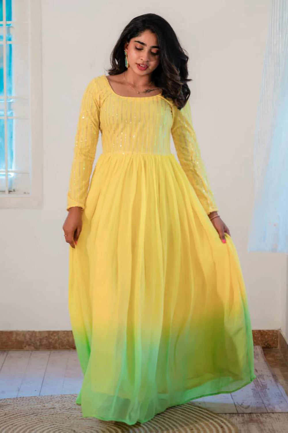 Beautiful Yellow Faux Blooming Digital Printed Gown