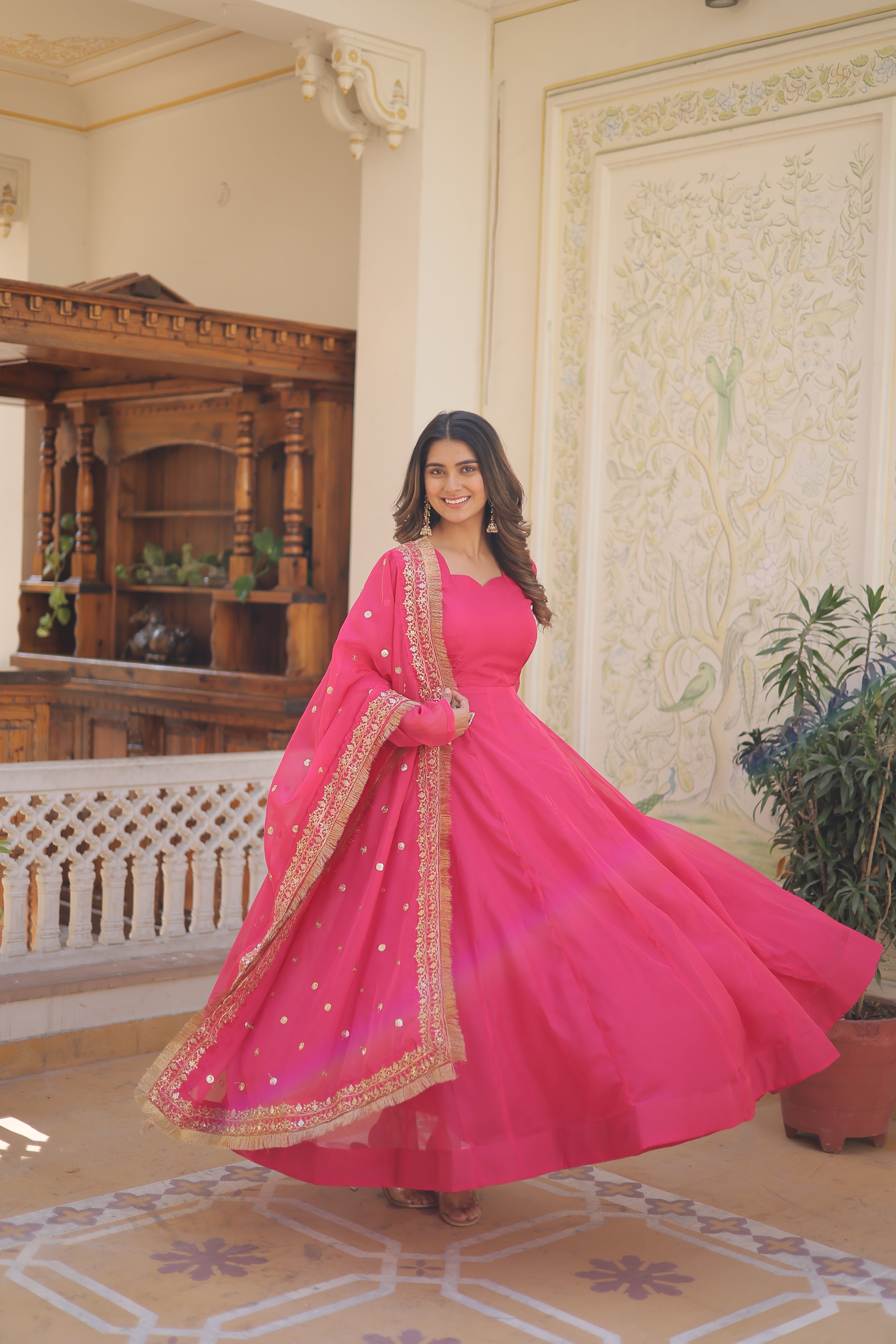 Pink Silk Gown With Embroidery Work Dupatta