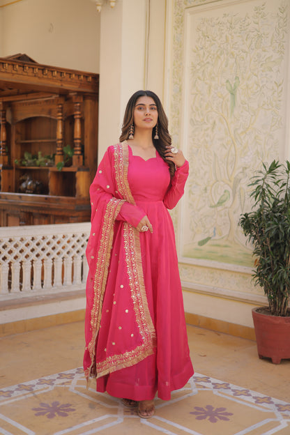 Pink Silk Gown With Embroidery Work Dupatta