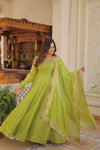 Pista Colour Silk Gown With Embroidery Work Dupatta