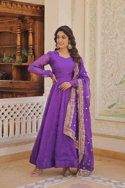 Purple Silk Gown With Embroidery Work Dupatta