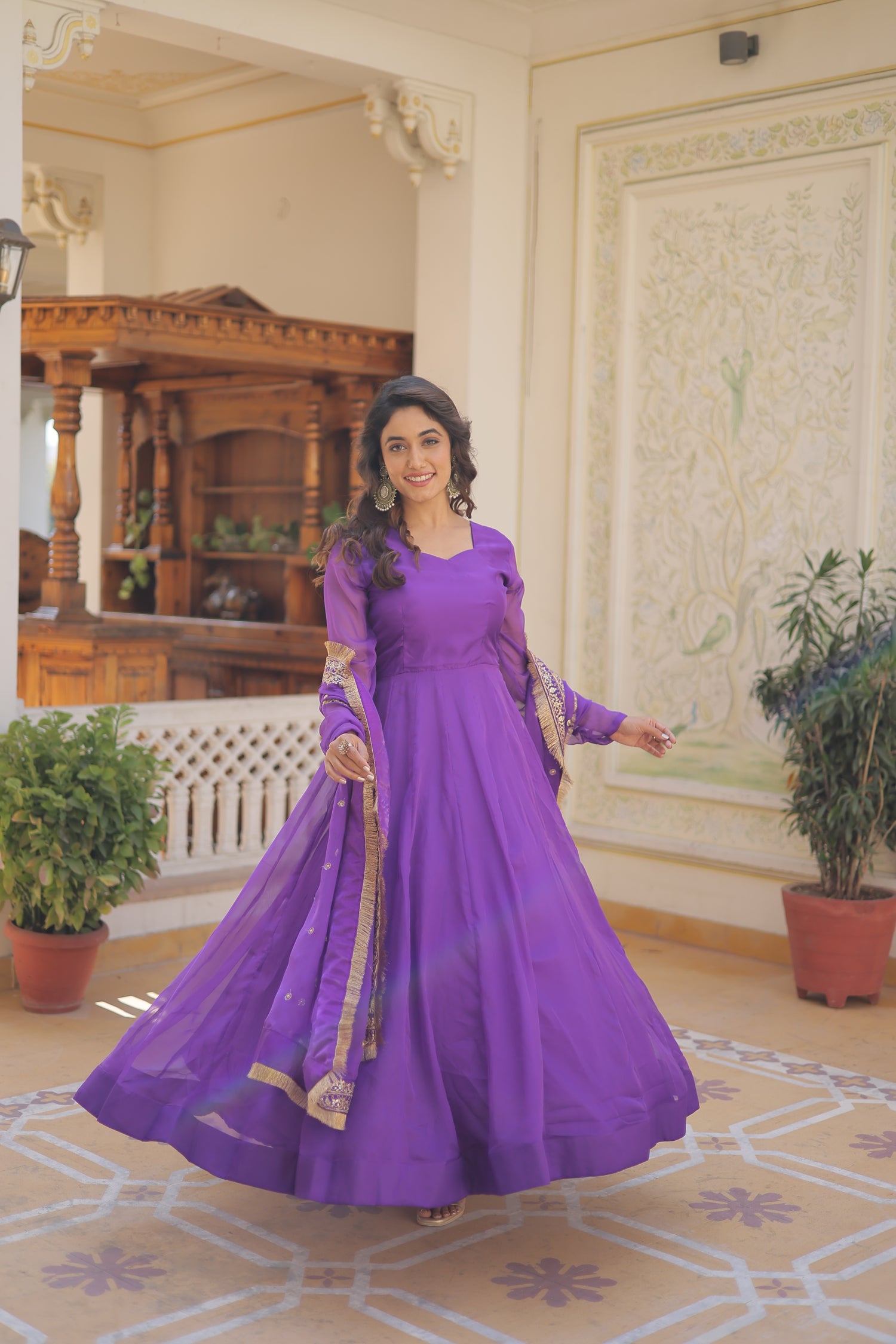 Purple Silk Gown With Embroidery Work Dupatta