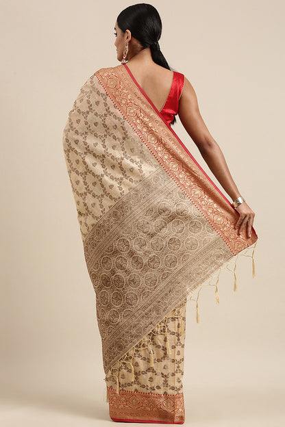 Beige Cotton Saree With Zari Weaving Work