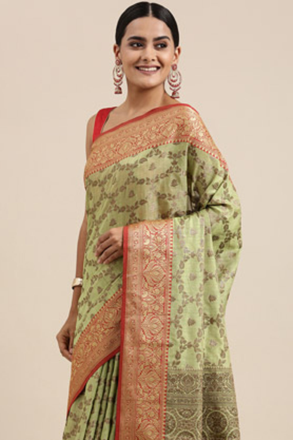 Pista Green Cotton Saree With Zari Weaving Work