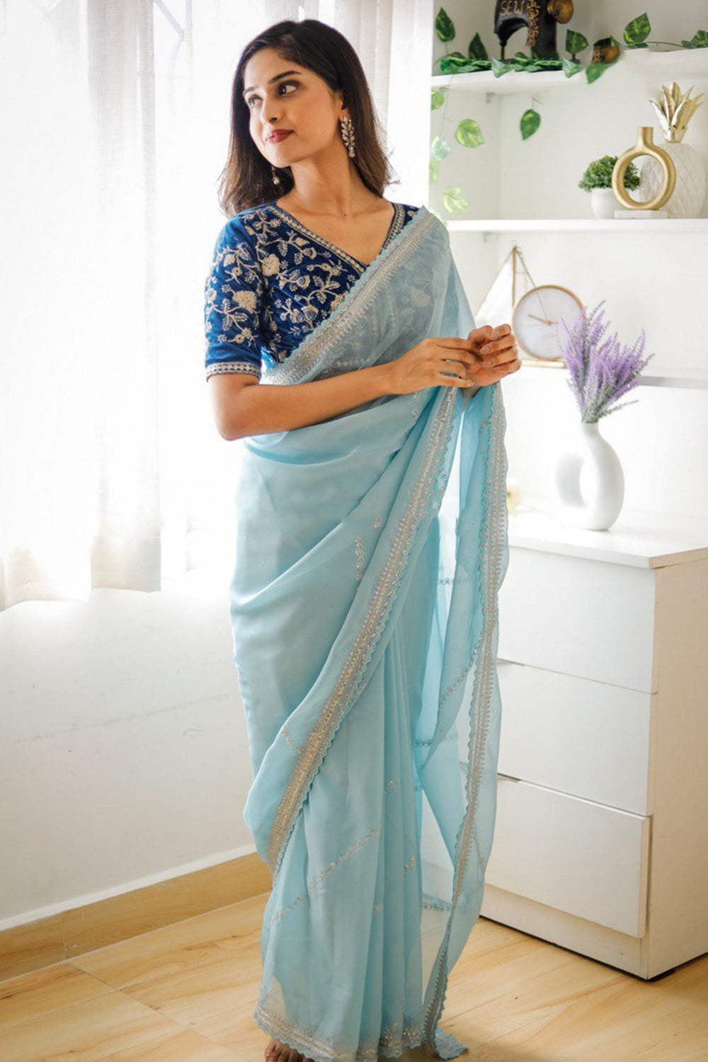Sky Blue Soft Organza Saree With Embroidery Lace &amp; Sequence Work