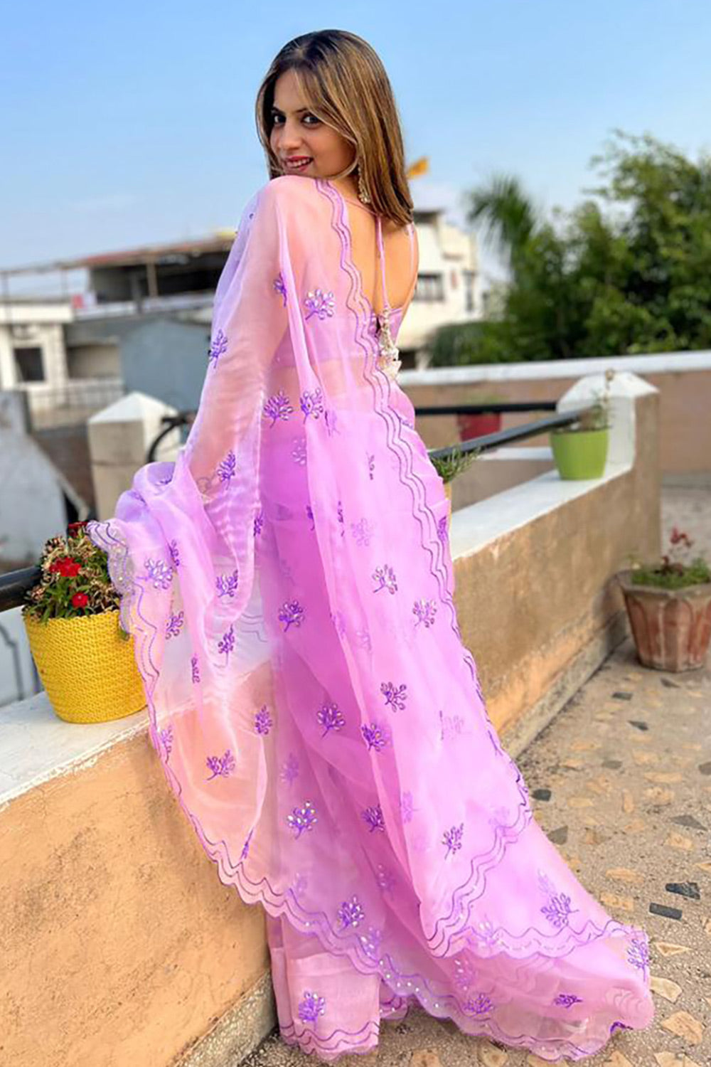 Light Lavender Organza Saree With Embroidery Thread &amp; Sequence Work