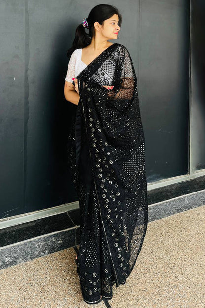 Black Organza Saree With Embroidery &amp; Sequence Work