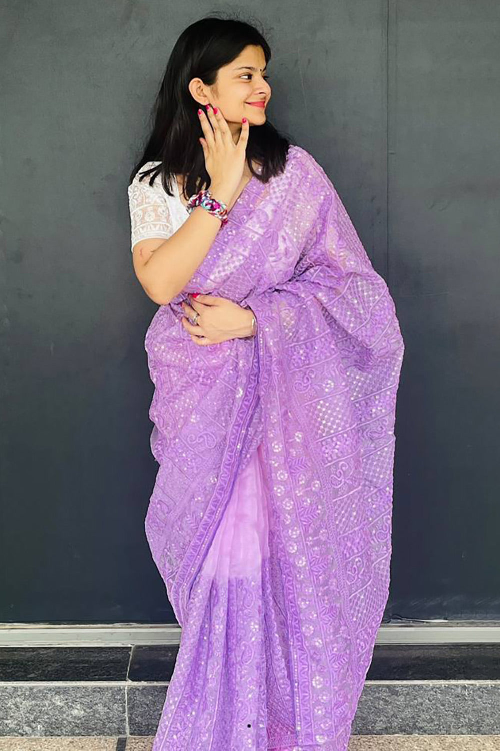 Lavender Organza Saree With Embroidery &amp; Sequence Work