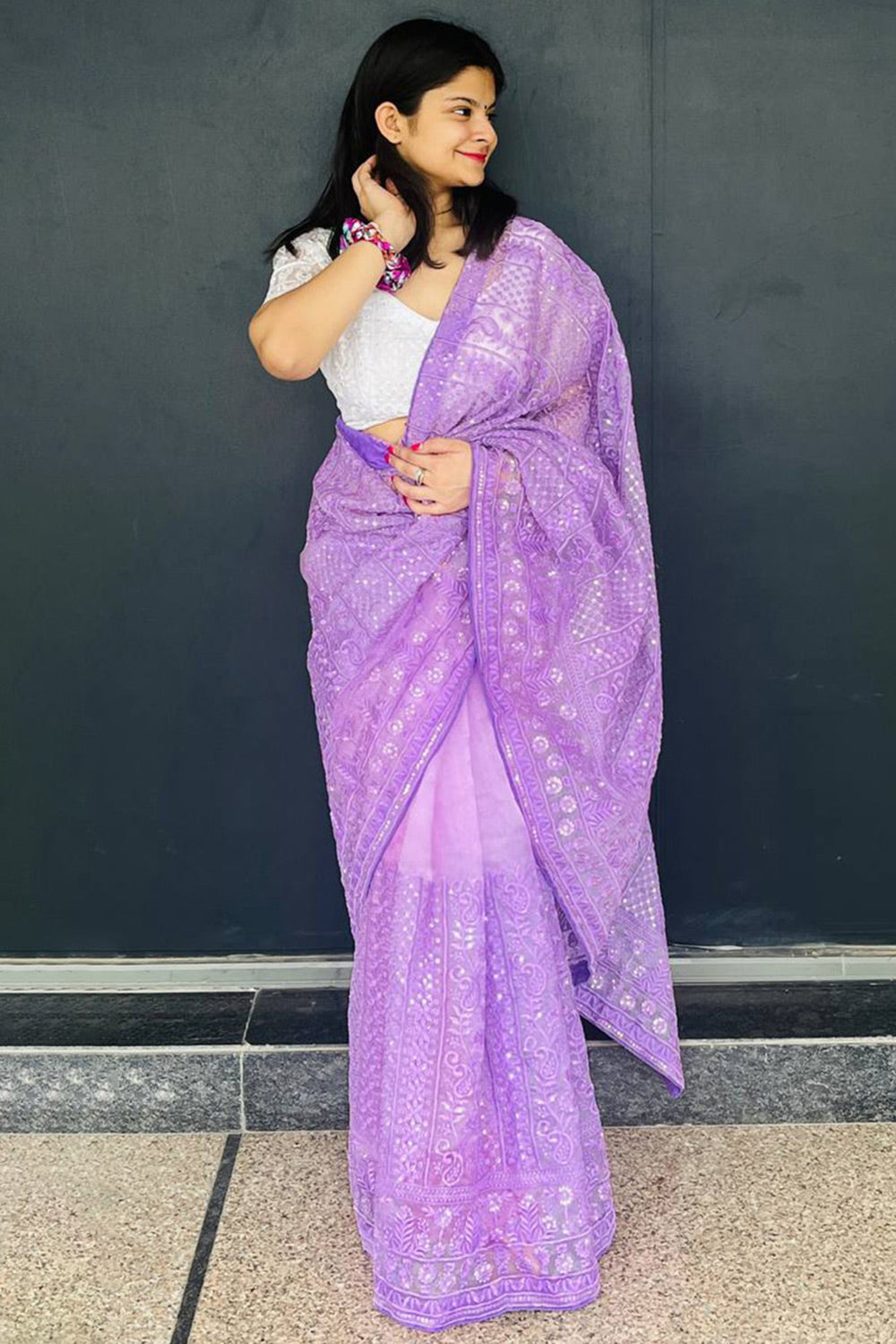 Lavender Organza Saree With Embroidery &amp; Sequence Work