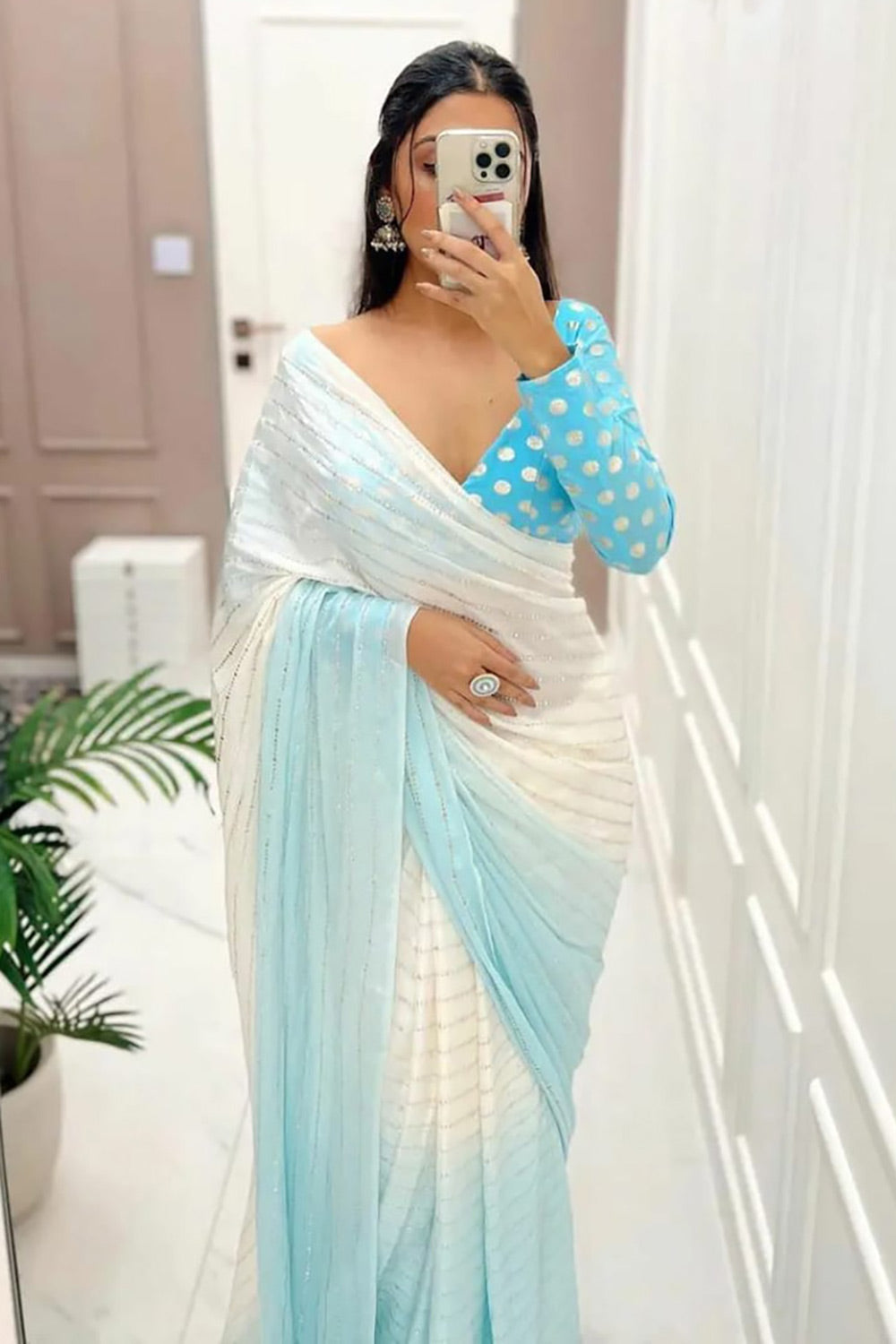 Sky Blue &amp; White Chinnon Saree  Sequence Work