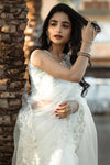 White Organza Saree With Embroidery Thread & Cut Work