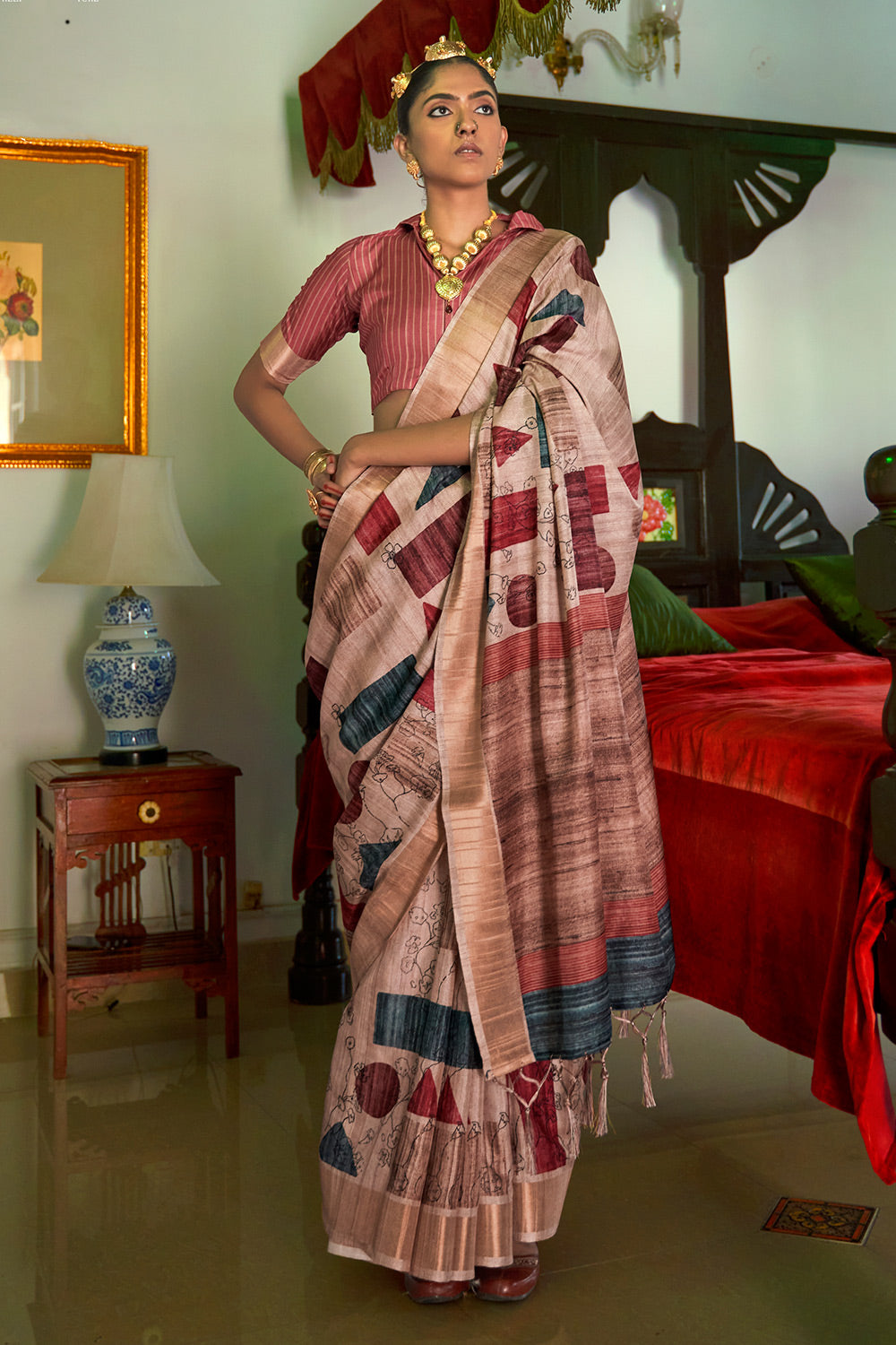 Chic Peach Banarasi Silk Saree With Printed Work