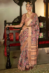 French Beige Banarasi Silk Saree With Printed Work