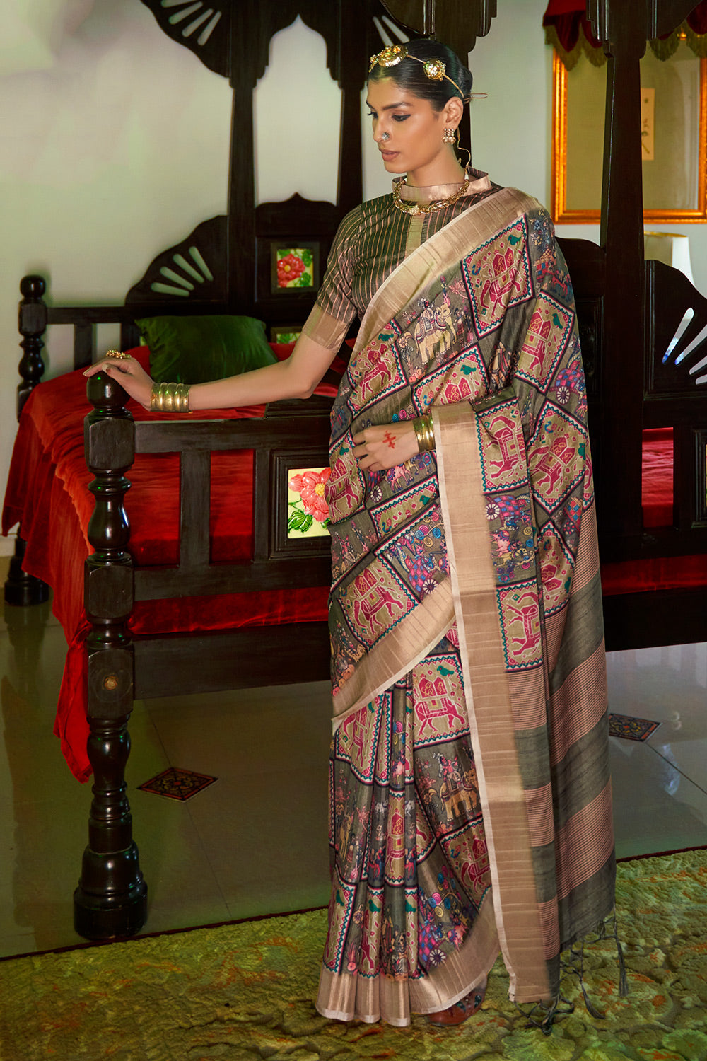 Fern Green Banarasi Silk Saree With Printed Work