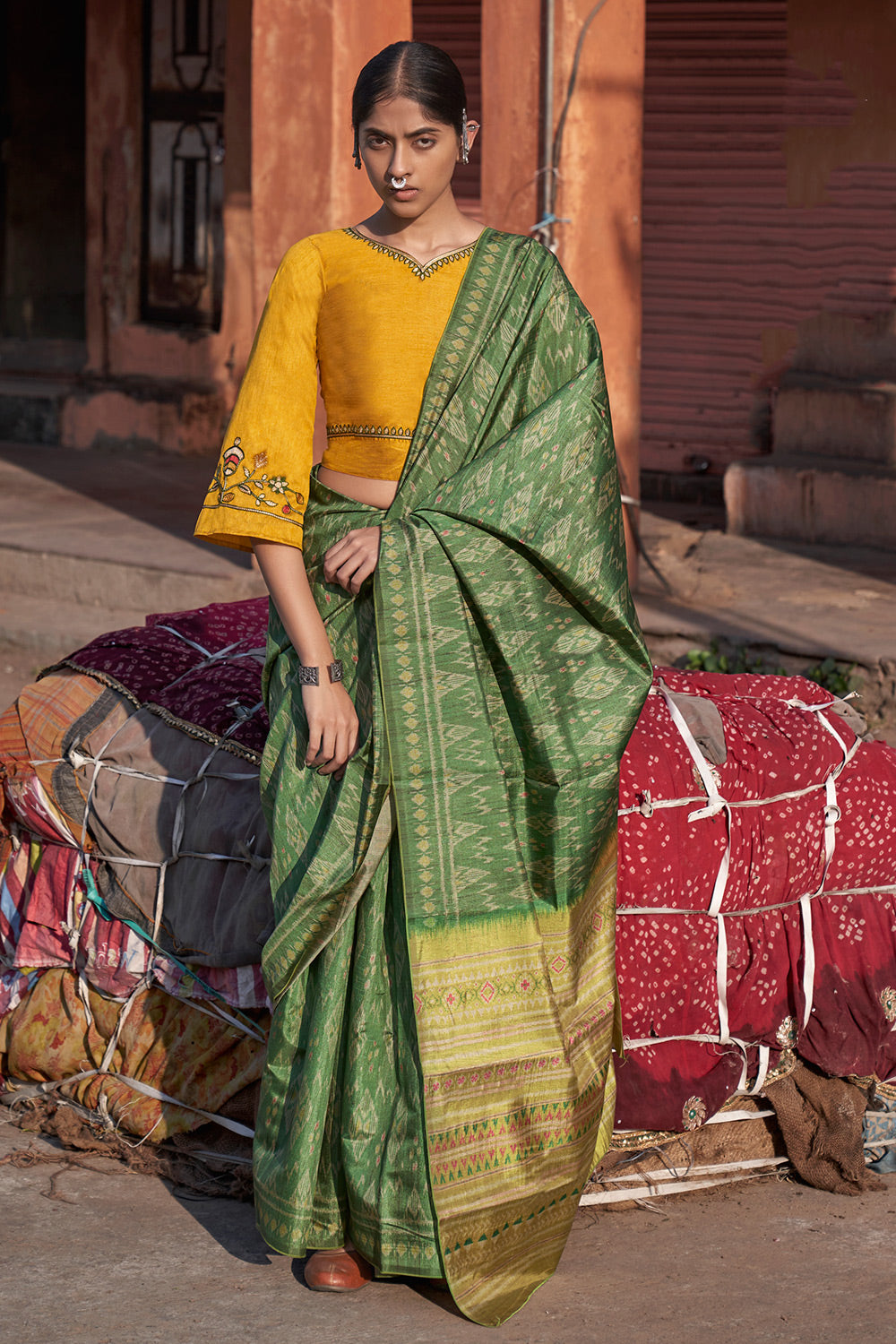 Green Silk Saree With Printed Work