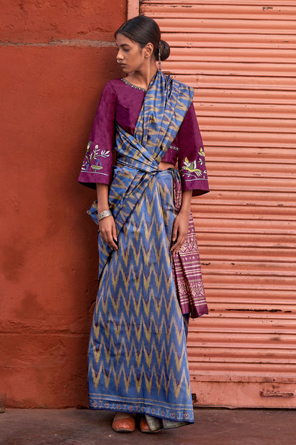 Denim Blue Silk Saree With Printed Work