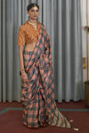 Peach & Gray Banarasi Silk Saree With Printed Work