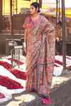 Brown & Pink Silk Saree With Printed Work