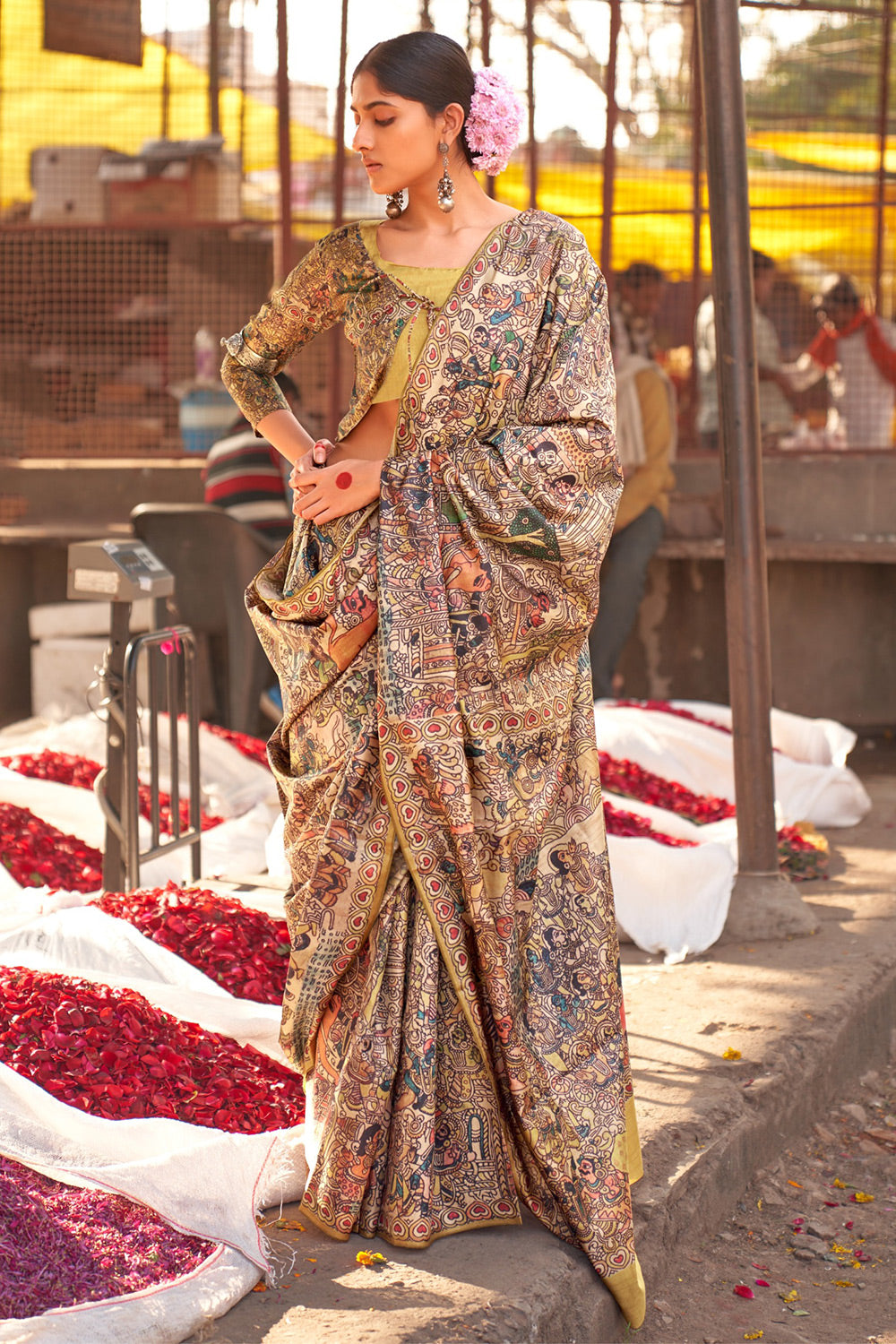 Brown &amp; Mahendi Green Silk Saree With Printed Work