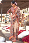 Brown & Orange Silk Saree With Printed Work