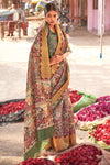 Brown & Fern Green Silk Saree With Printed Work