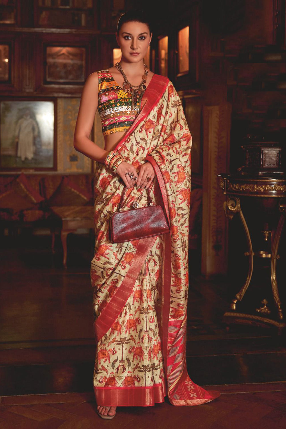 Light Yellow &amp; Red Banarasi Silk Saree With Printed Work