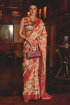 Light Yellow & Red Banarasi Silk Saree With Printed Work