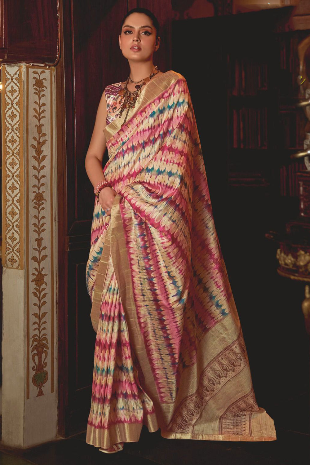 Beige &amp; Light Pink Banarasi Silk Saree With Printed Work
