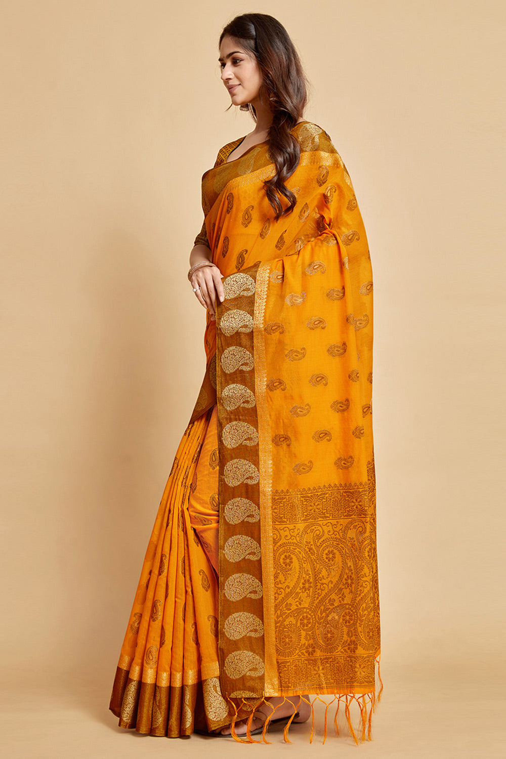 Mustard Yellow Chanderi Cotton Saree With Weaving Work
