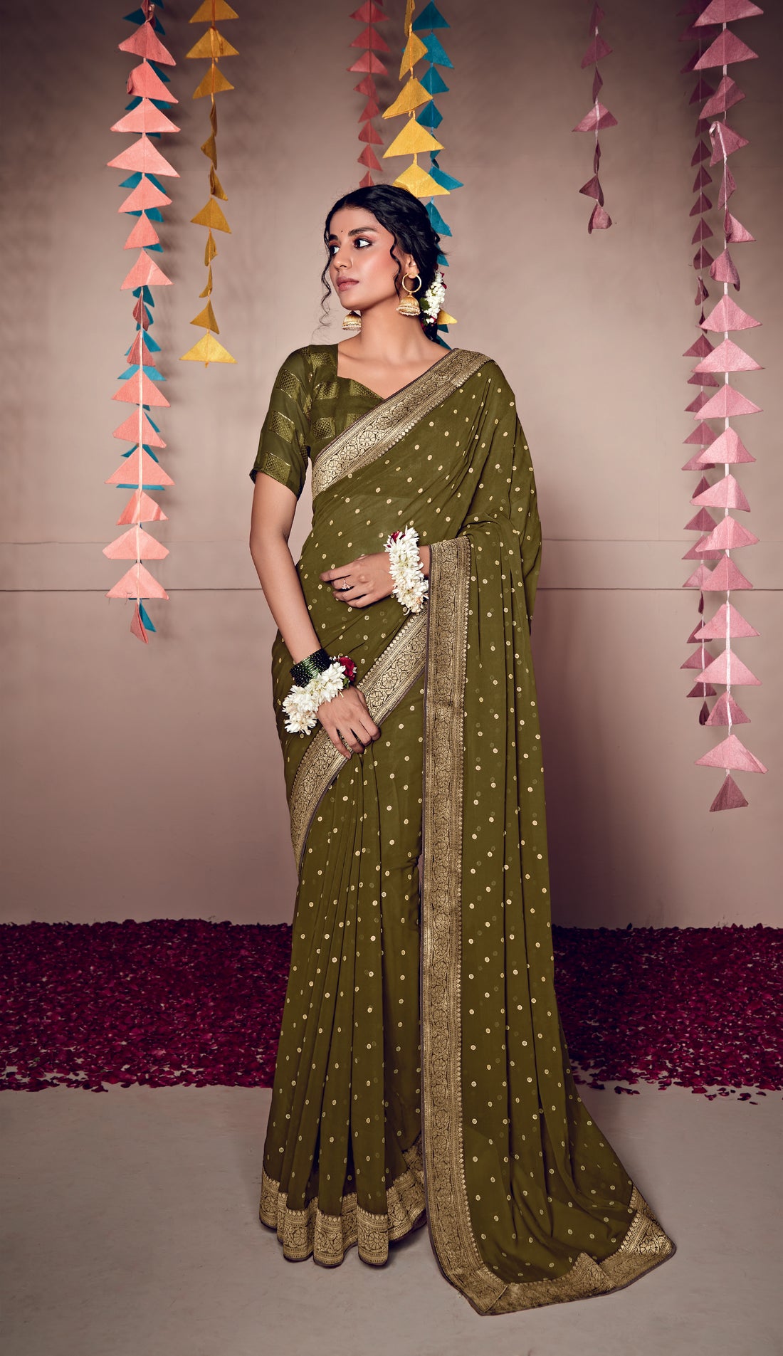 Olive Colour Georgette Weaving Saree