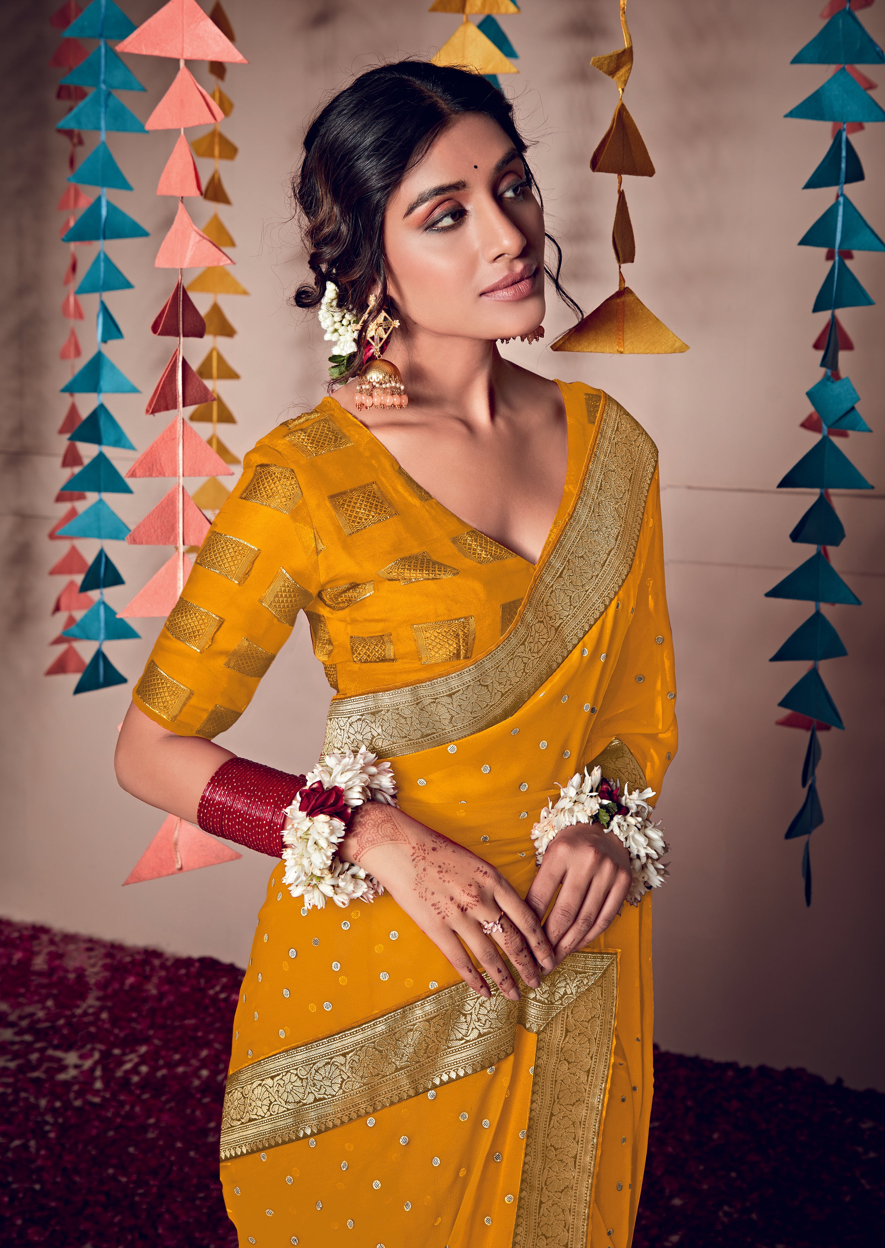Classic Yellow Colour Georgette Weaving Saree