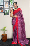 Mauve Wine & Red Georgette Saree With Printed Work