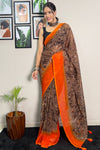 Brown & Orange Georgette Saree With Printed Work